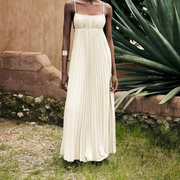 Beige Sexy Women's Loose Design Linen-Color Shirt Collar Pleated Midi Dress - Picture 8 of 9